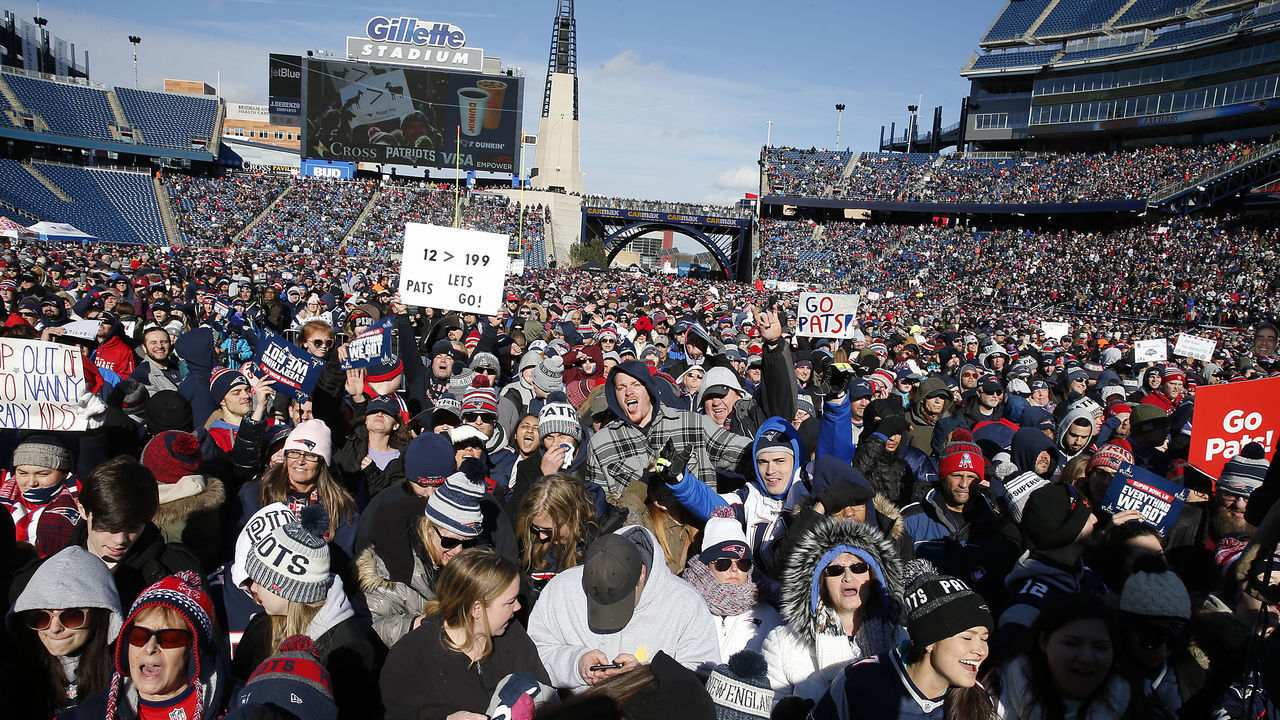 FOXBOROUGH, MA - JANUARY 27: New England Patriots fans attend a Super Bowl send-off rally at Gillette Stadium in Foxborough, MA on Jan. 27, 2019. The rally ahead of Super Bowl LIII gave thousands of fans a chance to see the Patriots before they head to Atlanta to take on the Los Angeles Rams.