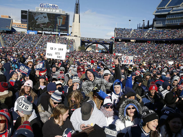 FOXBOROUGH, MA - JANUARY 27: New England Patriots fans attend a Super Bowl send-off rally at Gillette Stadium in Foxborough, MA on Jan. 27, 2019. The rally ahead of Super Bowl LIII gave thousands of fans a chance to see the Patriots before they head to Atlanta to take on the Los Angeles Rams.