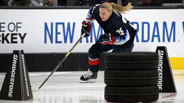 SAN JOSE, CA - JANUARY 25: Kendall Coyne of the U.S. Women's National Team competes in the Bridgestone NHL Fastest Skater during the 2019 SAP NHL All-Star Skills at SAP Center on January 25, 2019 in San Jose, California.
