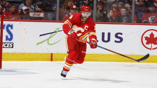CALGARY, AB - JANUARY 18: Mark Giordano #5 of the Calgary Flames plays against the Detroit Red Wings during an NHL game on January 18, 2019 at the Scotiabank Saddledome in Calgary, Alberta, Canada.