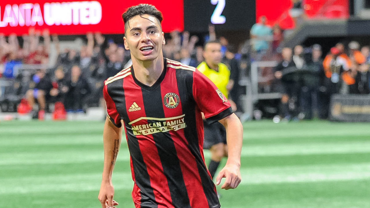 ATLANTA, GA - APRIL 28: Miguel Almiron (10) of Atlanta United celebrates a goal during an MLS regular season game between the Montreal Impact and Atlanta United at Mercedes-Benz Stadium in Atlanta, Ga on April 28, 2018.