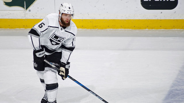 ST. PAUL, MN - JANUARY 15: Jake Muzzin #6 of the Los Angeles Kings makes a pass during a game with the Minnesota Wild at Xcel Energy Center on January 15, 2018 in St. Paul, Minnesota.