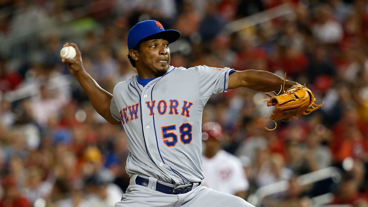 WASHINGTON, DC - JULY 21: Pitcher Jenrry Mejia #58 of the New York Mets throws to a Washington Nationals batter in the seventh inning of the Mets 7-2 win at Nationals Park on July 21, 2015 in Washington, DC.