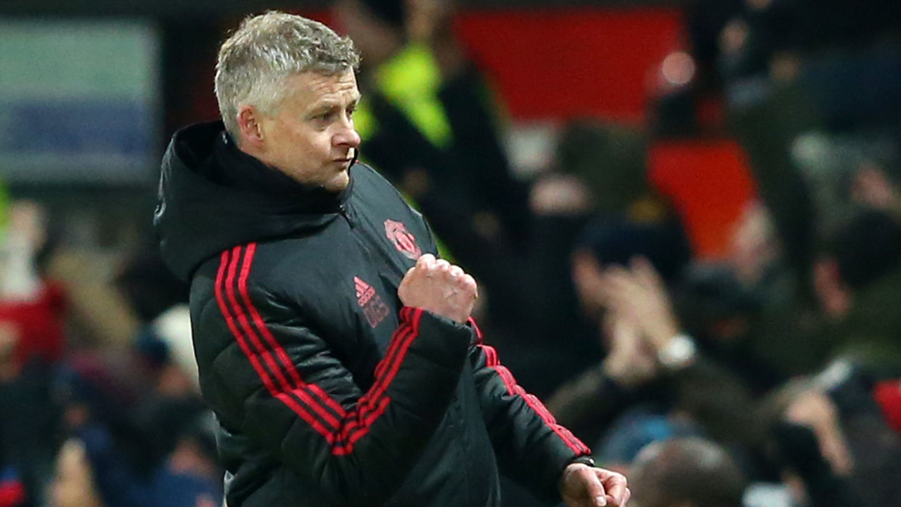 MANCHESTER, ENGLAND - JANUARY 29: Ole Gunnar Solskjaer, Interim Manager of Manchester United celebrates his sides second goal during the Premier League match between Manchester United and Burnley at Old Trafford on January 29, 2019 in Manchester, United Kingdom.