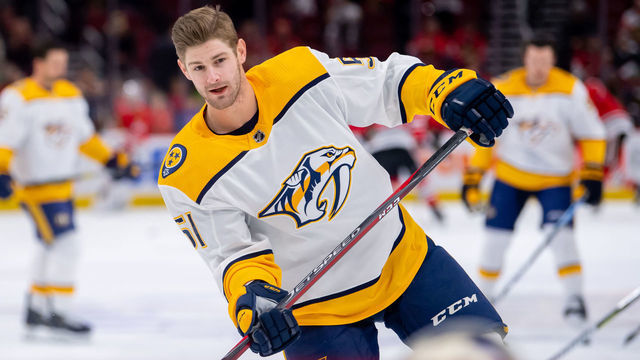 CHICAGO, IL - JANUARY 09: Nashville Predators left wing Austin Watson (51) warms up prior to a game between the Nashville Predators and the Chicago Blackhawks on January 9, 2019, at the United Center in Chicago, IL.
