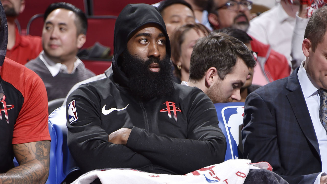 HOUSTON, TX - JANUARY 29: James Harden #13 of the Houston Rockets seen on the bench during the game against the New Orleans Pelicans on January 29, 2019 at the Toyota Center in Houston, Texas. Mandatory Copyright Notice: Copyright 2019 NBAE