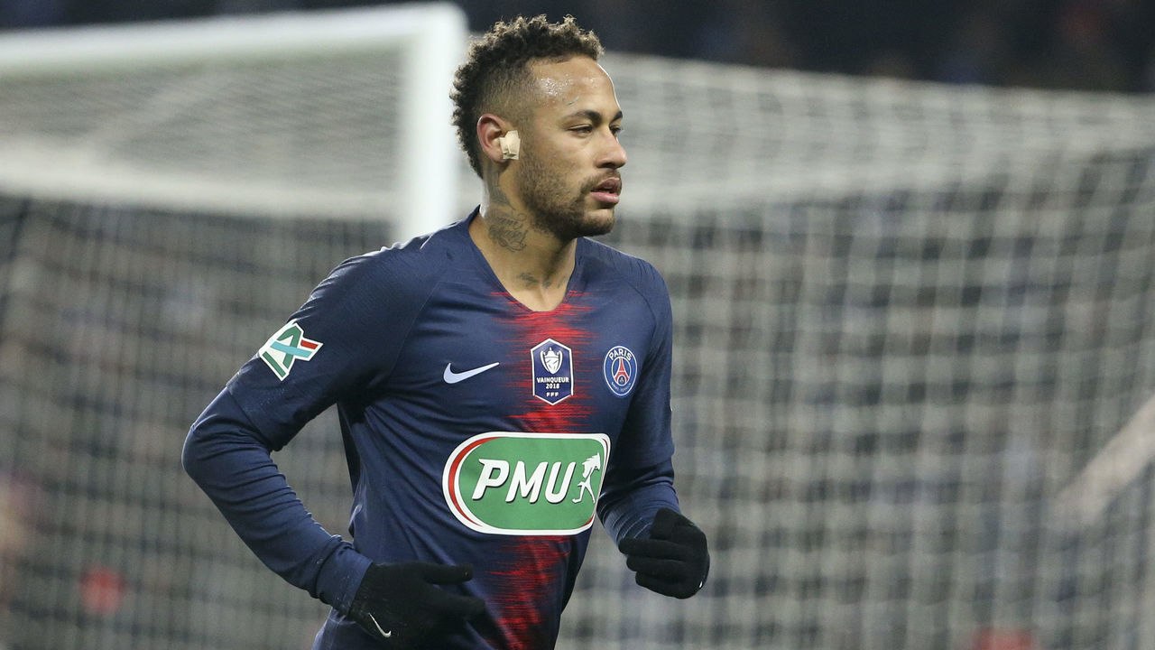 PARIS, FRANCE - JANUARY 23: Neymar Jr of PSG during the French Cup match between Paris Saint-Germain (PSG) and RC Strasbourg Alsace at Parc des Princes stadium on January 23, 2019 in Paris, France.