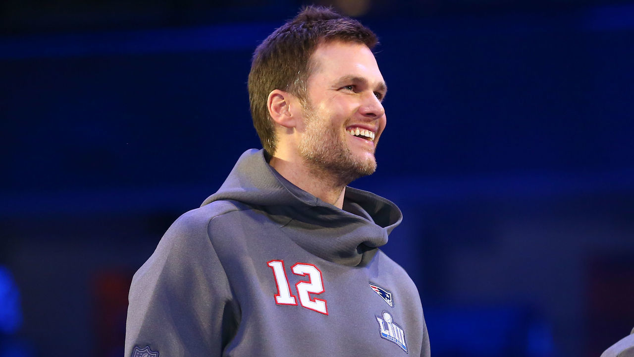 ATLANTA, GA - JANUARY 28: New England Patriots quarterback Tom Brady (12) during Super Bowl Opening Night for the New England Patriots on January 28, 2019 at State Farm Arena in Atlanta, GA.