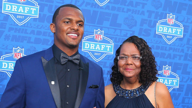 PHILADELPHIA, PA - APRIL 27: Deshaun Watson from Clemson with his mother Deann and aunt Sonia on the Red Carpet outside of the NFL Draft Theater on April 27, 2017 in Philadelphia, PA.