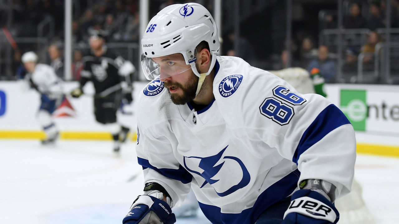 LOS ANGELES, CALIFORNIA - JANUARY 03: Nikita Kucherov #86 of the Tampa Bay Lightning skates after the puck during the game against the Los Angeles Kings at Staples Center on January 03, 2019 in Los Angeles, California.