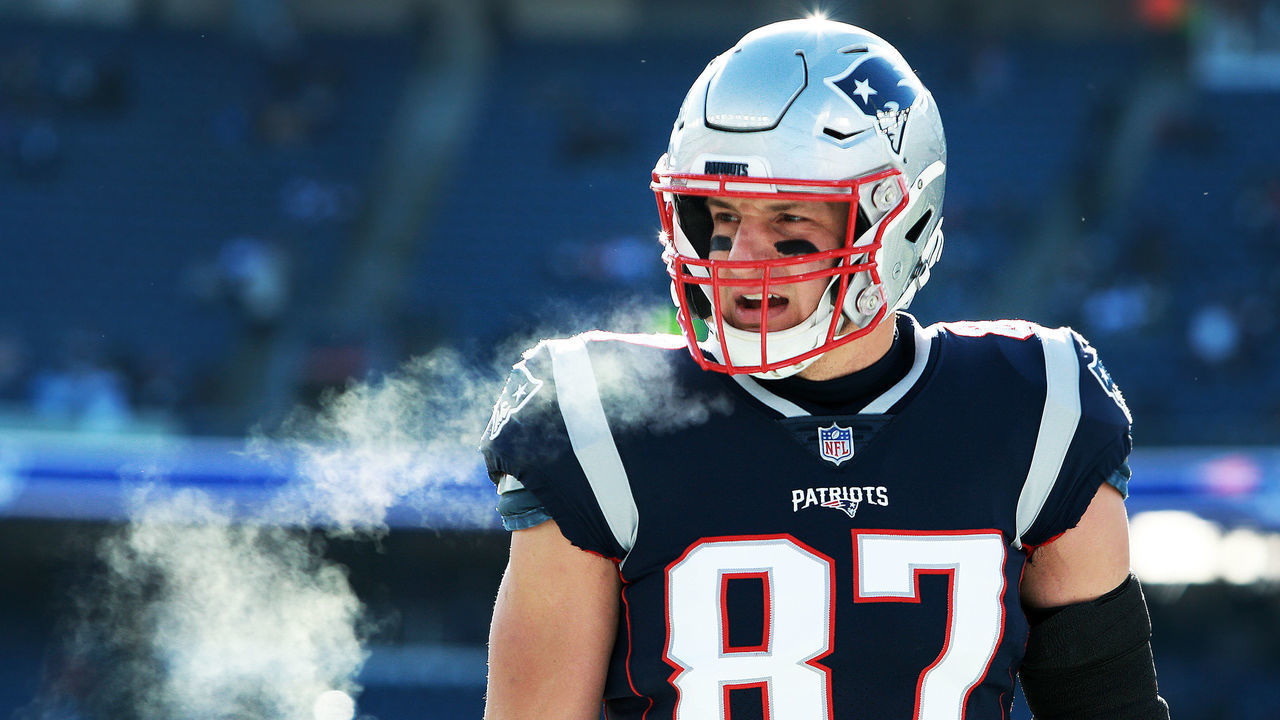 FOXBOROUGH, MA - JANUARY 13: New England Patriots tight end Rob Gronkowski warms up on the field in the cold before the game. The New England Patriots host the Los Angeles Chargers in an NFL AFC Divisional Playoff game at Gillette Stadium in Foxborough, MA on Jan. 13, 2019.