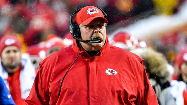 KANSAS CITY, MO - JANUARY 12: Head coach Andy Reid of the Kansas City Chiefs looks at the crowd after a snowball hit the sidelines during the first half of the AFC Divisional Round playoff game against the Indianapolis Colts at Arrowhead Stadium on January 12, 2019 in Kansas City, Missouri.
