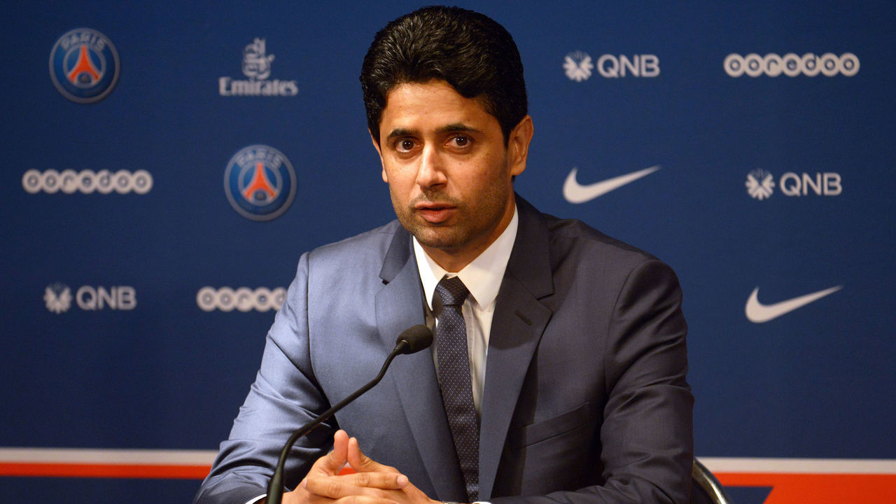 PARIS, FRANCE - JULY 09: President of Paris Saint Germain Nasser Al-Khelaifi during the Italian Gianluiggi Buffon official presentation after signing for PSG at Parc des Princes on July 9, 2018 in Paris, France.