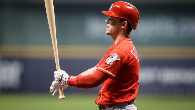 MILWAUKEE, WI - SEPTEMBER 19: Scooter Gennett #3 of the Cincinnati Reds bats in the second inning against the Milwaukee Brewers at Miller Park on September 19, 2018 in Milwaukee, Wisconsin.