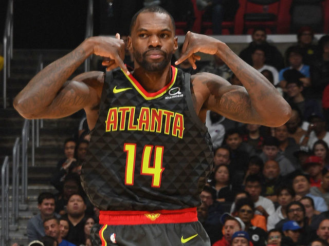 LOS ANGELES, CA - JANUARY 28: Dewayne Dedmon #14 of the Atlanta Hawks celebrates during the game against the LA Clippers on January 28, 2019 at STAPLES Center in Los Angeles, California. NOTE TO USER: User expressly acknowledges and agrees that, by downloading and/or using this Photograph, user is consenting to the terms and conditions of the Getty Images License Agreement. Mandatory Copyright Notice: Copyright 2019 NBAE