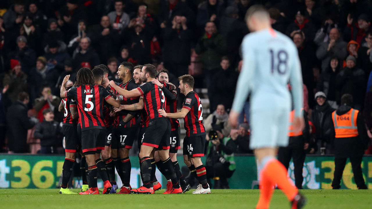 Bournemouth's Joshua King (cente) celebrates scoring his side's third goal of the game during the Premier League match at the Vitality Stadium, Bournemouth.