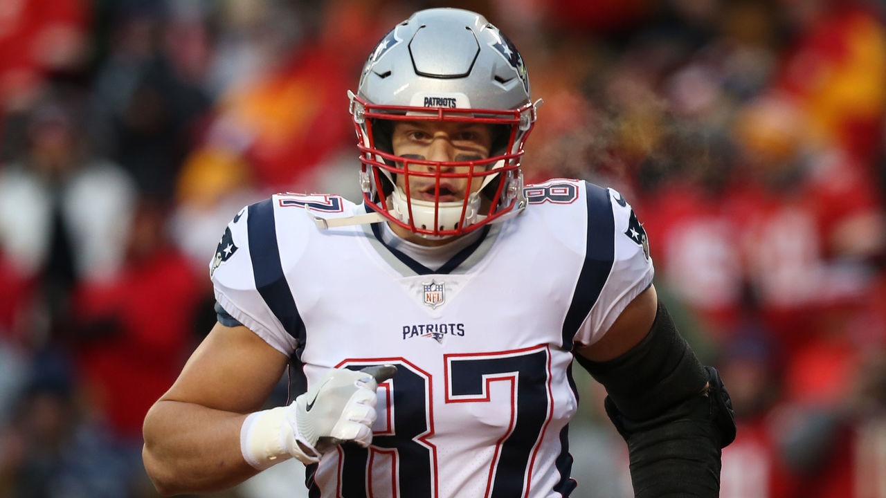 KANSAS CITY, MO - JANUARY 20: New England Patriots tight end Rob Gronkowski (87) before the AFC Championship Game game between the New England Patriots and Kansas City Chiefs on January 20, 2019 at Arrowhead Stadium in Kansas City, MO.