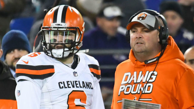 BALTIMORE, MD - DECEMBER 30, 2018: Quarterback Baker Mayfield #6 and offensive coordinator Freddie Kitchens of the Cleveland Browns in the second quarter of a game against the Baltimore Ravens on December 30, 2018 at M&T Bank Stadium in Baltimore, Maryland. Baltimore won 26-24. (Photo by: 2018 Nick Cammett/Diamond Images/Getty Images)