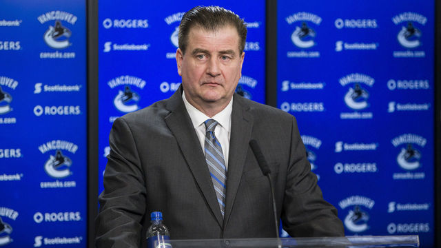 VANCOUVER, BC - FEBRUARY 28: Vancouver Canucks General Manager Jim Benning speaks to the media after a game between against the Vancouver Canucks and Detroit Red Wings. Benning was discussing the recent trades of Vancouver Canucks Left Wing Alexandre Burrows (14) and Vancouver Canucks Right Wing Jannik Hansen (36). February 28, 2017, at Rogers Arena in Vancouver, BC.