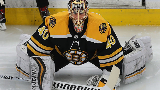 BOSTON - JANUARY 19: Boston Bruins goalie Tuukka Rask stretches before the start of the game. The Boston Bruins host the New York Rangers in a regular season NHL hockey game at TD Garden in Boston on Jan. 19, 2019.