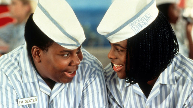Kenan Thompson and Kel Mitchell smiling in a scene from the film 'Good Burger', 1997.