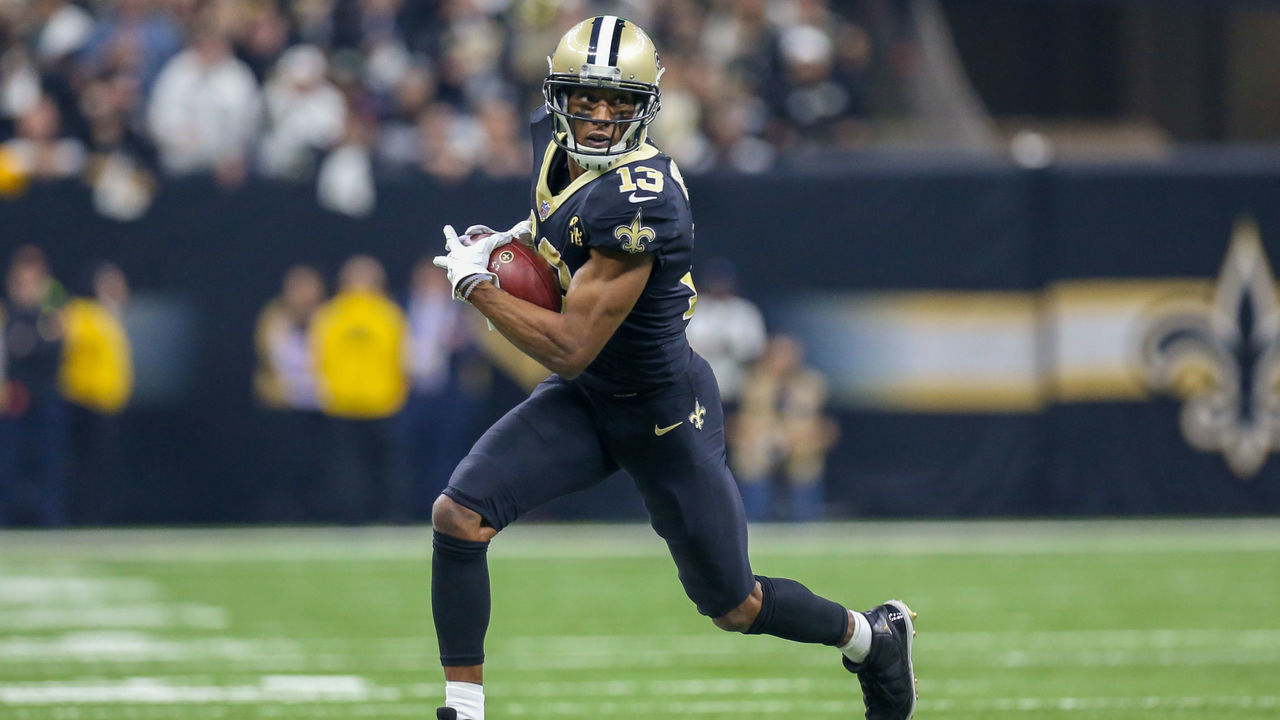 NEW ORLEANS, LA - JANUARY 20: New Orleans Saints wide receiver Michael Thomas (13) catches the ball and turns up field for a gain during the NFC Championship Football game between the Los Angeles Rams and the New Orleans Saints on January 20, 2019 at the Mercedes-Benz Superdome in New Orleans, LA.
