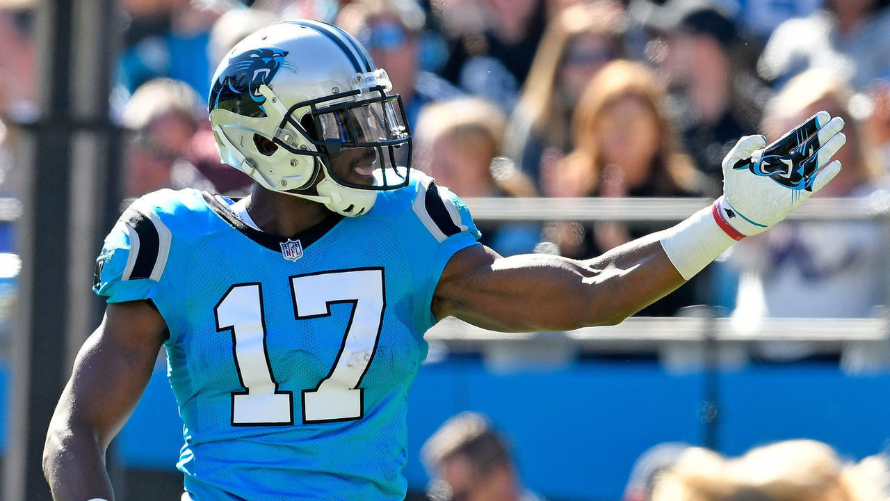CHARLOTTE, NC - OCTOBER 28: Devin Funchess #17 of the Carolina Panthers signals first down after making a catch against the Baltimore Ravens during their game at Bank of America Stadium on October 28, 2018 in Charlotte, North Carolina.