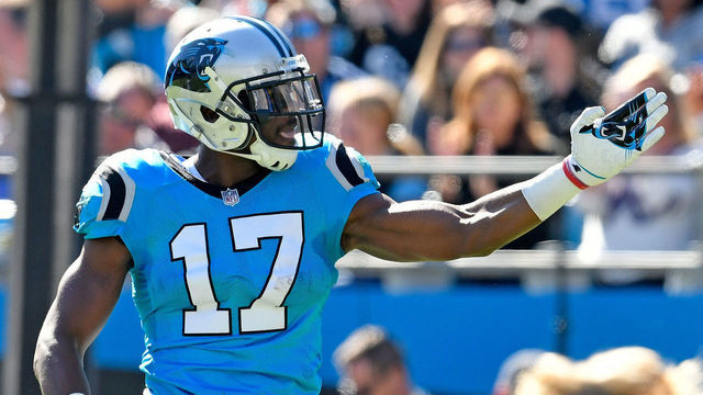 CHARLOTTE, NC - OCTOBER 28: Devin Funchess #17 of the Carolina Panthers signals first down after making a catch against the Baltimore Ravens during their game at Bank of America Stadium on October 28, 2018 in Charlotte, North Carolina.