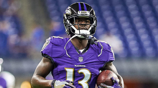 INDIANAPOLIS, IN - AUGUST 20: Baltimore Ravens wide receiver John Brown (13) warms up with the football prior to game action during the preseason NFL game between the Indianapolis Colts and the Baltimore Ravens on August 20, 2018 at Lucas Oil Stadium in Indianapolis, Indiana.