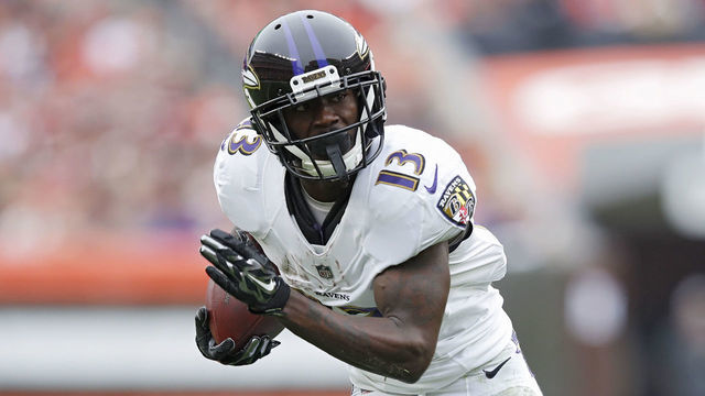 CLEVELAND, OH - OCTOBER 07: John Brown #13 of the Baltimore Ravens runs with the ball after catching a pass during the game against the Cleveland Browns at FirstEnergy Stadium on October 7, 2018 in Cleveland, Ohio. The Browns won 12-9 in overtime.