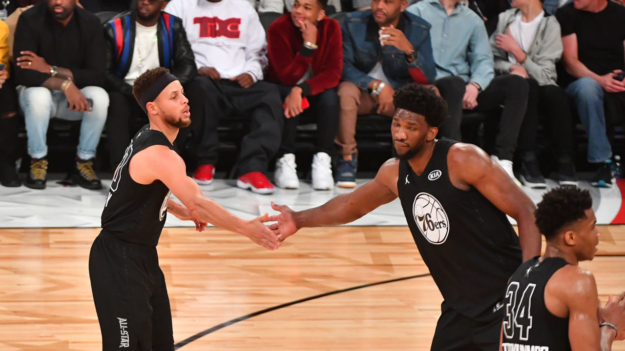 LOS ANGELES, CA - FEBRUARY 18: Stephen Curry #30 of Team Curry and Joel Embiid #21 shake hands against Team LeBron during the NBA All-Star Game as a part of 2018 NBA All-Star Weekend at STAPLES Center on February 18, 2018 in Los Angeles, California. NOTE TO USER: User expressly acknowledges and agrees that, by downloading and/or using this photograph, user is consenting to the terms and conditions of the Getty Images License Agreement. Mandatory Copyright Notice: Copyright 2018 NBAE