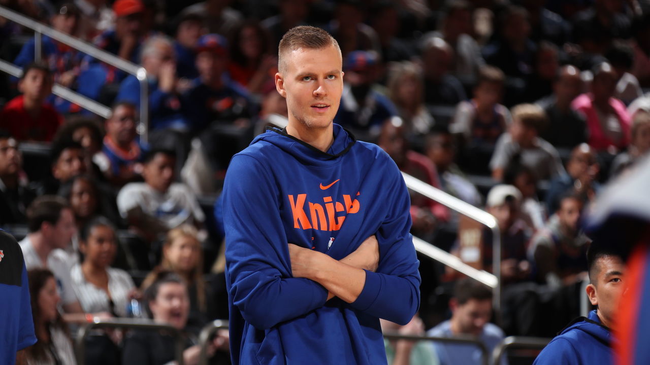 NEW YORK, NY - SEPTEMBER 29: Kristaps Porzingis #6 of the New York Knicks looks on during their Open Practice on September 29, 2018 at Madison Square Garden in New York City, New York. Mandatory Copyright Notice: Copyright 2018 NBAE