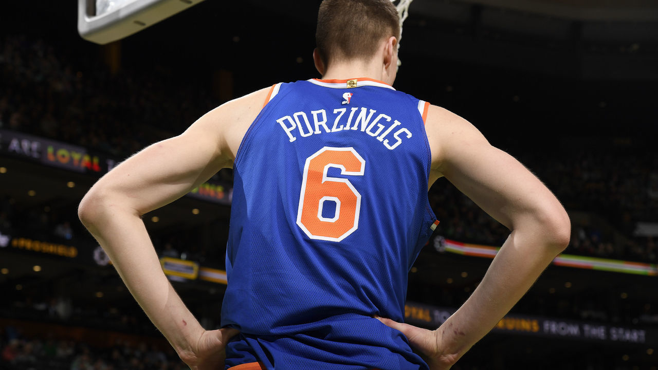 BOSTON, MA - JANUARY 31: Kristaps Porzingis #6 of the New York Knicks looks on during the game against the Boston Celtics on January 31, 2018 at the TD Garden in Boston, Massachusetts. Mandatory Copyright Notice: Copyright 2018 NBAE