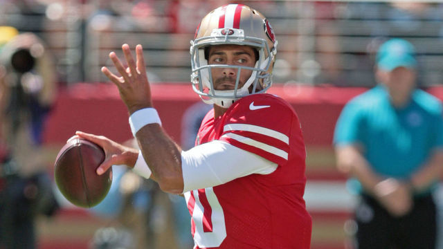 SANTA CLARA, CA - SEPTEMBER 16: Quarterback Jimmy Garoppolo of the San Francisco 49ers during the San Francisco 49ers game versus the Detroit Lions on September 16, 2018, at Levi's Stadium in Santa Clara, CA.
