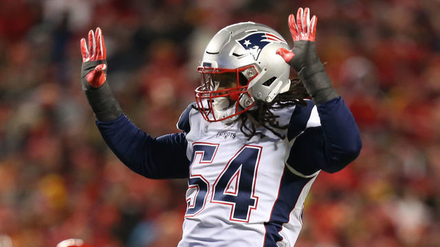 KANSAS CITY, MO - JANUARY 20: New England Patriots outside linebacker Dont'a Hightower (54) in the second quarter of the AFC Championship Game game between the New England Patriots and Kansas City Chiefs on January 20, 2019 at Arrowhead Stadium in Kansas City, MO.