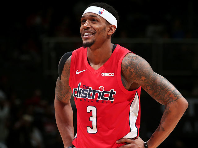 WASHINGTON, DC - JANUARY 30: Bradley Beal #3 of the Washington Wizards smiles during the game against the Indiana Pacers on January 30, 2019 at Capital One Arena in Washington, DC. Mandatory Copyright Notice: Copyright 2019 NBAE