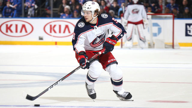 NEW YORK, NY - DECEMBER 27: Artemi Panarin #9 of the Columbus Blue Jackets skates with the puck against the New York Rangers at Madison Square Garden on December 27, 2018 in New York City.