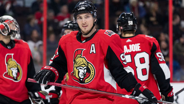 OTTAWA, ON - JANUARY 22: Ottawa Senators Center Matt Duchene (95) waits for a face-off during first period National Hockey League action between the Arizona Coyotes and Ottawa Senators on January 22, 2019, at Canadian Tire Centre in Ottawa, ON, Canada.