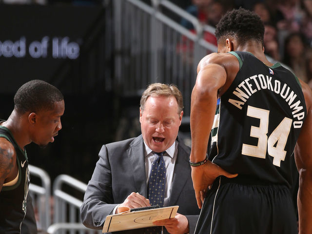 MILWAUKEE, WI - JANUARY 4: Head Coach Mike Budenholzer of the Milwaukee Bucks draws up a play during the game against the Atlanta Hawks on January 4, 2019 at the Fiserv Forum in Milwaukee, Wisconsin. NOTE TO USER: User expressly acknowledges and agrees that, by downloading and/or using this photograph, user is consenting to the terms and conditions of the Getty Images License Agreement. Mandatory Copyright Notice: Copyright 2019 NBAE