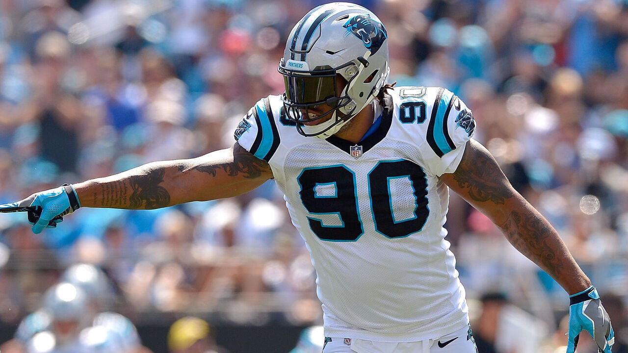 CHARLOTTE, NC - SEPTEMBER 17: Julius Peppers #90 of the Carolina Panthers against the Buffalo Bills during their game at Bank of America Stadium on September 17, 2017 in Charlotte, North Carolina.