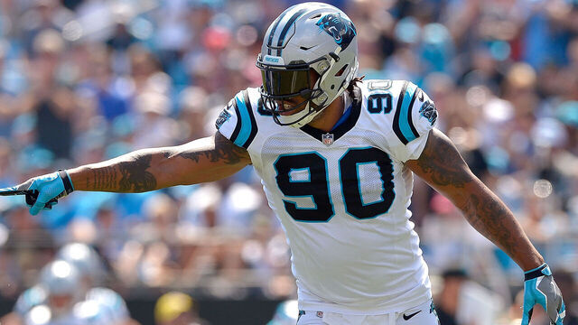 CHARLOTTE, NC - SEPTEMBER 17: Julius Peppers #90 of the Carolina Panthers against the Buffalo Bills during their game at Bank of America Stadium on September 17, 2017 in Charlotte, North Carolina.