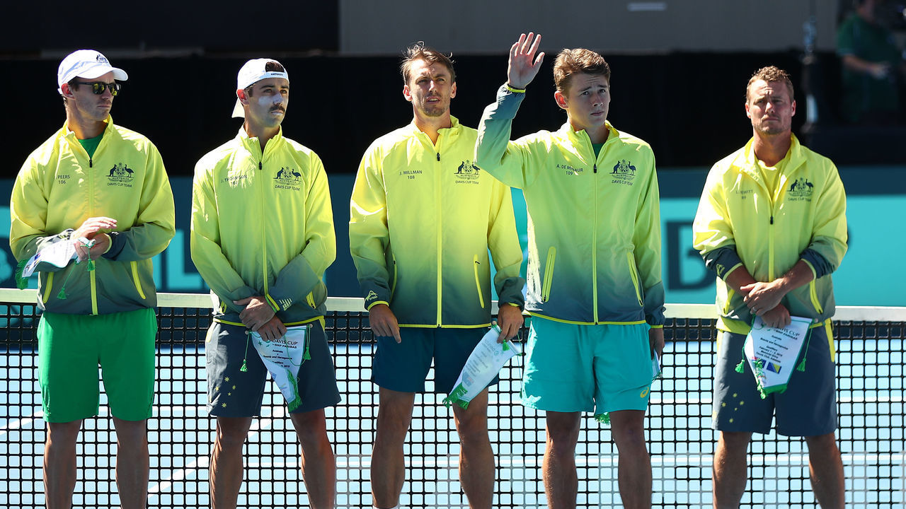 ADELAIDE, AUSTRALIA - FEBRUARY 01: Alex de Minaur, John Millman, Jordan Thompson, John Peers, Alexei Popyrin and captain Lleyton Hewitt of Australia look on during the opening ceremony during the Davis Cup Qualifiers between Australia vs Bosnia and Herzegovina at Memorial Drive, Adelaide on February 01, 2019 in Adelaide, Australia.