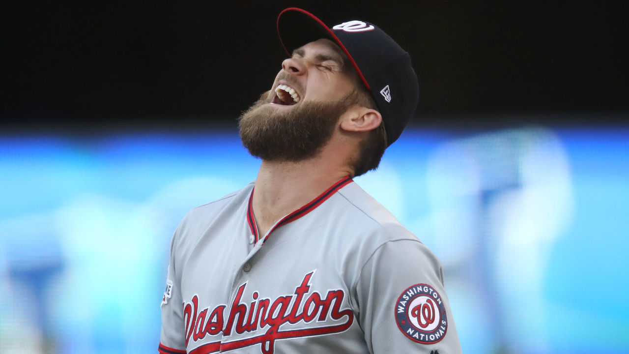 TORONTO, ON - JUNE 15: Bryce Harper #34 of the Washington Nationals laughs as he warms up moments before the start of MLB game action against the Toronto Blue Jays at Rogers Centre on June 15, 2018 in Toronto, Canada.