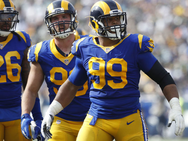 LOS ANGELES, CA - OCTOBER 28: Aaron Donald #99 of the Los Angeles Rams reacts during the game against the Green Bay Packers at Los Angeles Memorial Coliseum on October 28, 2018 in Los Angeles, California. The Rams won 29-27.
