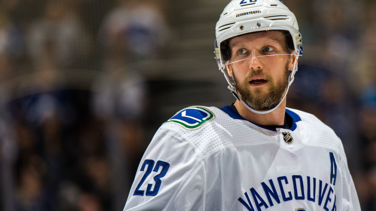 TORONTO, ON - JANUARY 5: Alexander Edler #23 of the Vancouver Canucks set for a face off against the Toronto Maple Leafs during the first period at the Scotiabank Arena on January 5, 2019 in Toronto, Ontario, Canada.
