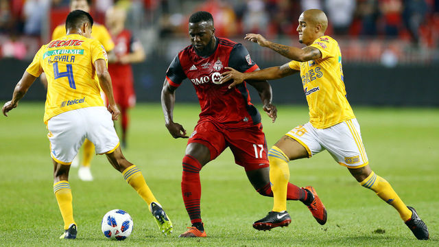TORONTO, ON - SEPTEMBER 19: Jozy Altidore #17 of Toronto FC battles for the ball with Luis Rodríguez #28 and Hugo Ayala #4 of Tigres UANL during the first half of the 2018 Campeones Cup Final at BMO Field on September 19, 2018 in Toronto, Canada.