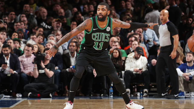 NEW YORK, NY FEBRUARY 1: Kyrie Irving #11 of the Boston Celtics defends his position during the game against the New York Knicks on February 1, 2019 at Madison Square Garden in New York City, New York. Mandatory Copyright Notice: Copyright 2019 NBAE