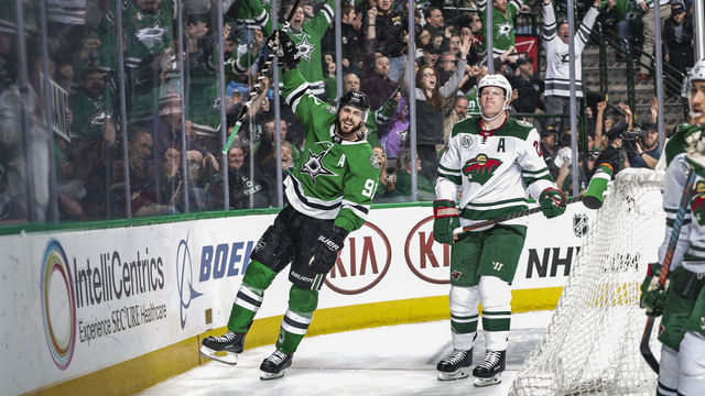 DALLAS, TX - FEBRUARY 1: Tyler Seguin #91 of the Dallas Stars celebrates a goal against the Minnesota Wild at the American Airlines Center on February 1, 2019 in Dallas, Texas.