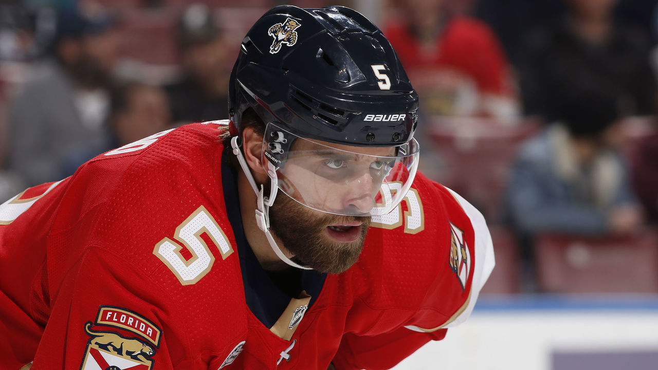 SUNRISE, FL - NOVEMBER 28: Aaron Ekblad #5 of the Florida Panthers prepares for a face-off against the Anaheim Ducks at the BB&T Center on November 28, 2018 in Sunrise, Florida. The Ducks defeated the Panthers 3-2.
