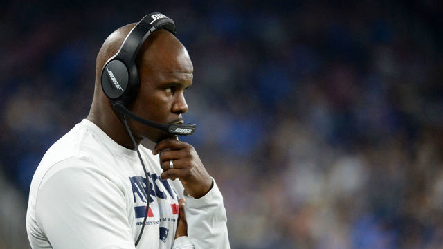 DETROIT, MI - AUGUST 25, 2017: Linebackers coach Brian Flores of the New England Patriots watches the action from the sideline in the first quarter of a preseason game on August 25, 2017 against the Detroit Lions at Ford Field in Detroit, Michigan. New England won 30-28. (Photo by: 2017 Nick Cammett/Diamond Images/Getty Images)